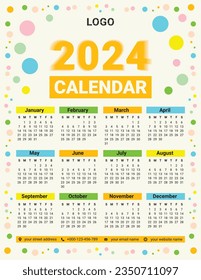 Light theme 2024 wall Calendar design for printable vector template