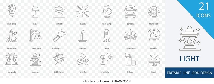 Light thin icon set. containing light bulb, lantern, lighthouse, street light, chandelier and more stroke design 