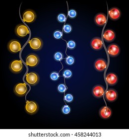 light three colored garland on dark background. vector illustration. element for new year, christmas and party design.
