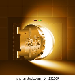 Light through a half-open door of the bank safe (bank vault). The gold version. Vector EPS-8, without Meshes.