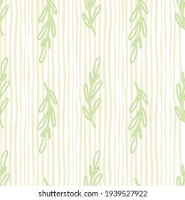 Light tones seamless foliage pattern with simple contoured branches on striped background. Doodle print. Perfect for fabric design, textile print, wrapping, cover. Vector illustration.