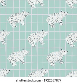 Light tones seamless zoo pattern with polar bear ornament. Blue pastel chequered background. Arctic animals. Perfect for fabric design, textile print, wrapping, cover. Vector illustration.