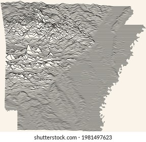 Light topographic map of the Federal State of Arkansas, USA with black contour lines on beige background