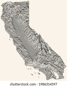 Light topographic map of the Federal State of California, USA with black contour lines on beige background