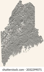 Light topographic map of the Federal State of Maine, USA with black contour lines on beige background