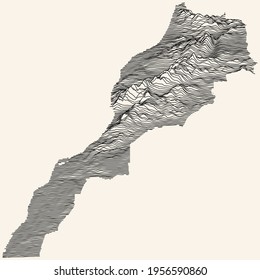 Mapa topográfico claro del Reino de Marruecos con líneas de contorno negro sobre fondo beige