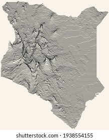 Light topographic map of the Republic of Kenya with black contour lines on beige background