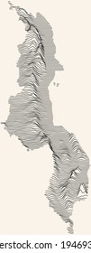 Light topographic map of the Republic of Malawi with black contour lines on beige background