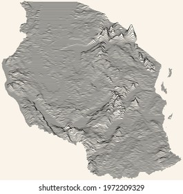 Light topographic map of the United Republic of Tanzania with black contour lines on beige background