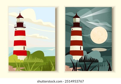 Light tower posters set. Night and day scene with red striped tower near sea or ocean. Navigation for ships and vessels. Booklet and fyer. Flat vector collection isolated on white background