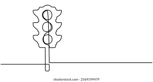 Light traffic one line continuous. Light traffic line art. Hand drawn vector art, Continuous one line drawing of traffic lights with poles to regulate vehicle travel at road intersections.