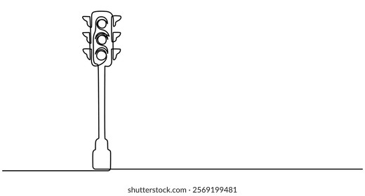 Light traffic one line continuous. Light traffic line art. Hand drawn vector art, Continuous one line drawing of traffic lights with poles to regulate vehicle travel at road intersections.