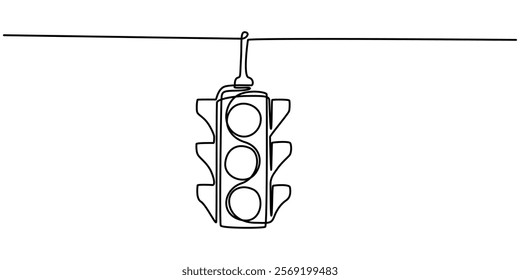 Light traffic one line continuous. Light traffic line art. Hand drawn vector art, Continuous one line drawing of traffic lights with poles to regulate vehicle travel at road intersections.