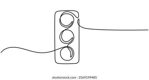 Light traffic one line continuous. Light traffic line art. Hand drawn vector art, Continuous one line drawing of traffic lights with poles to regulate vehicle travel at road intersections.