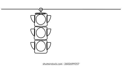 Light traffic one line continuous. Light traffic line art. Hand drawn vector art, Single continuous line drawing of traffic lights that are placed hanging above the highway crossing. There are four. 