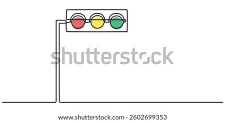 Light traffic one line continuous. Light traffic line art. Hand drawn vector art, Single continuous line drawing of traffic lights that are placed hanging above the highway crossing. There are four. 
