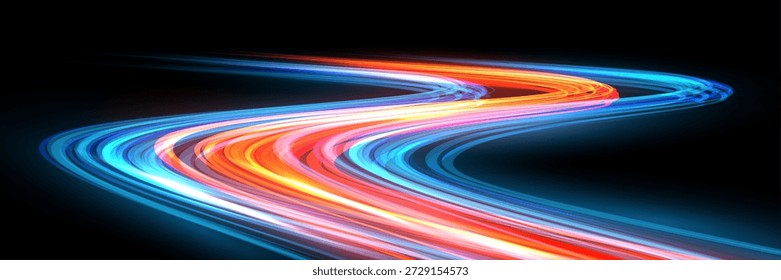 Light trail background. Light speed curve trail. Dynamic curved streaks of glowing red, orange , blue on dark background create fast motion effect. Abstract vector illustration.