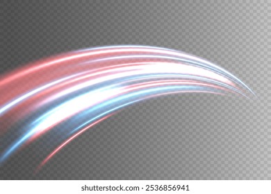 Light trail effect, curve rotation. Glowing speed lines. Dynamic movement of light lines.  On a transparent background.