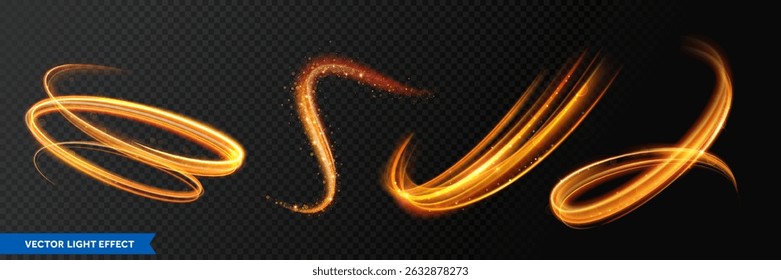 Light trail, golden glitter glow sparkles and sparkling flare spiral swirls on transparent background. Abstract vector fire light effect waves and glittering tails