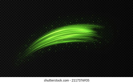 Light trail or neon line swirl green glittering effect. Abstract light speed motion effect.