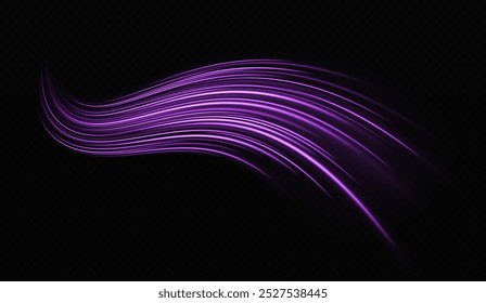 Light trail or neon line swirl glittering effect. Abstract light speed motion effect. Vector glitter light of fire flare trace or magic glitter particles sparkles on transparent background.
