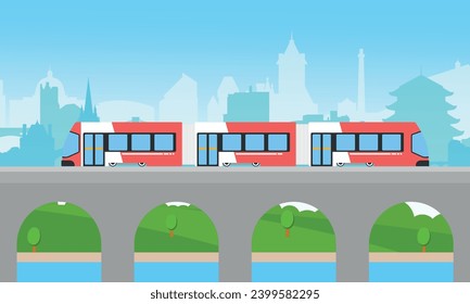 Recorrido ligero sobre el puente en el día paisaje de la ciudad fondo, ilustración de diseño de estilo plano