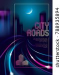Light trail vehicles at highway in big city in the nighttime. Effect vector beautiful background. Blur colorful dark background with cityscape, buildings silhouettes skyline. Brochure, flyer, cover