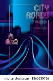 Light trail vehicles at highway in big city in the nighttime. Effect vector beautiful background. Blur colorful dark background with cityscape, buildings silhouettes skyline.