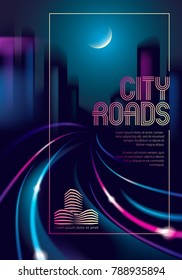 Light trail vehicles at highway in big city in the nighttime. Effect vector beautiful background. Blur colorful dark background with cityscape, buildings silhouettes skyline. Brochure, flyer, cover