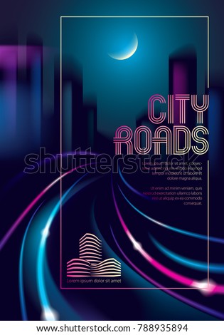 Light trail vehicles at highway in big city in the nighttime. Effect vector beautiful background. Blur colorful dark background with cityscape, buildings silhouettes skyline. Brochure, flyer, cover