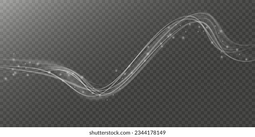 Light trail wave effect. Abstract motion lines, glowing headlights and optical fiber, PNG glow curve swirl, road car headlights and glowing white speed lines on a swirl light on the road.