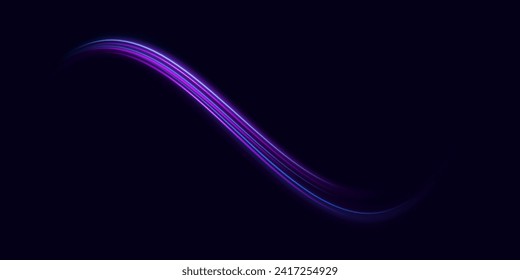 Light trail wave effect. Abstract motion lines, glowing headlights and optical fiber, PNG glow curve swirl, road car headlights and glowing white speed lines on a swirl light on the road.