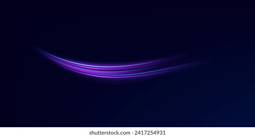 Light trail wave effect. Abstract motion lines, glowing headlights and optical fiber, PNG glow curve swirl, road car headlights and glowing white speed lines on a swirl light on the road.