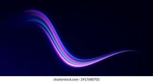 Light trail wave effect. Abstract motion lines, glowing headlights and optical fiber, PNG glow curve swirl, road car headlights and glowing white speed lines on a swirl light on the road.