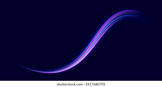 Light trail wave effect. Abstract motion lines, glowing headlights and optical fiber, PNG glow curve swirl, road car headlights and glowing white speed lines on a swirl light on the road.