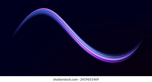 Light trail wave effect. Abstract motion lines, glowing headlights and optical fiber, PNG glow curve swirl, road car headlights and glowing white speed lines on a swirl light on the road.