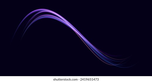 Light trail wave effect. Abstract motion lines, glowing headlights and optical fiber, PNG glow curve swirl, road car headlights and glowing white speed lines on a swirl light on the road.