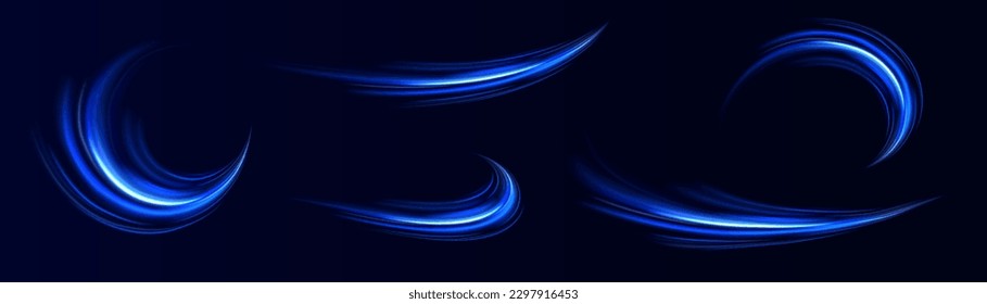 Light trail wave, fire path trace line, car lights, optic fiber and incandescence curve twirl png. road car headlights. Luminous white lines of speed. Light glowing effect. blue abstract motion lines.