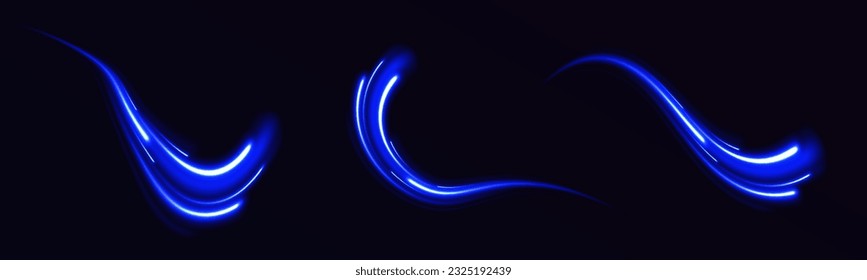 Light trail wave, fire path trace line and incandescence curve twirl. Neon glowing curves strewn with sparks in a dark space. Abstract vector neon wave. Elegant bright linear wave. 