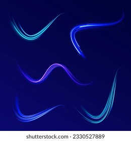 Light trail wave, fire path trace line and incandescence curve twirl. Neon glowing curves strewn with sparks in a dark space. Abstract vector neon wave. Elegant bright linear wave. 