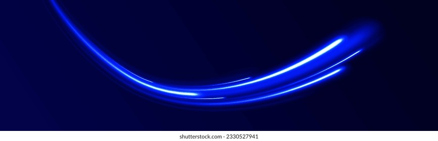 Light trail wave, fire path trace line and incandescence curve twirl. Neon glowing curves strewn with sparks in a dark space. Abstract vector neon wave. Elegant bright linear wave. 