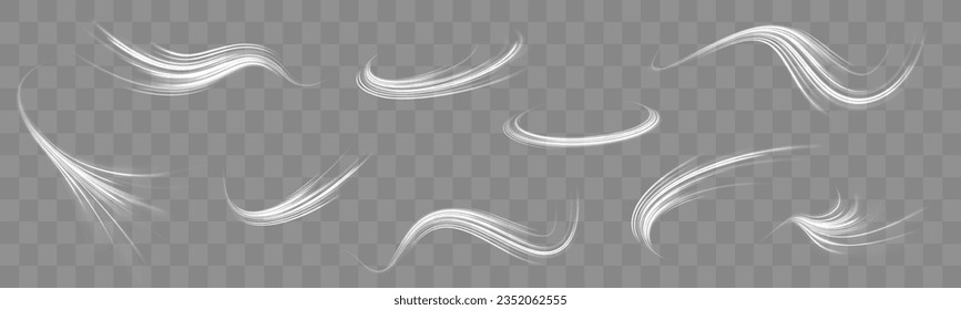 Light trail wave, fire path trace line and effect curve twirl. Dynamic rays. Neon motion vector effect. Motion speed and blur. Road magic of moving fast lines. Glowing white speed lines. 