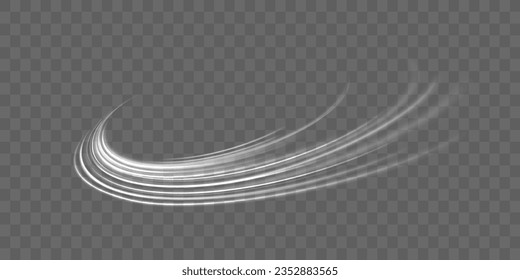 Light trail wave, fire path trace line and incandescence curve twirl. White shiny lines effect vector background. Bright galaxy. Light glowing effect. Bright spiral. Glowing podium. Light white Twirl.