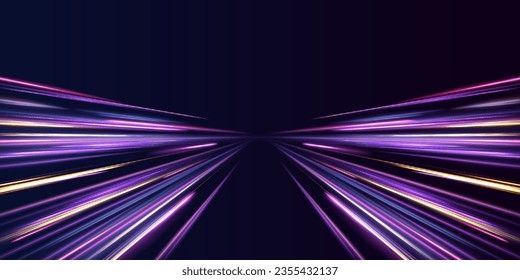 Light trail wave, fire path trace line, car lights, optic fiber and incandescence curve twirl. High speed road in night time abstraction. Sport car is made of polygons, lines and connected dots.	