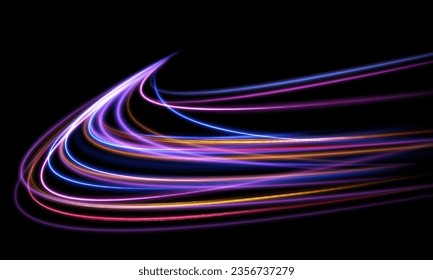 Light trail wave, fire path trace line, car lights, optic fiber and incandescence curve twirl. High speed road in night time abstraction. Sport car is made of polygons, lines and connected dots.	