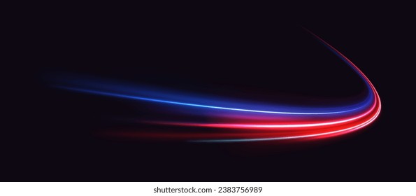 Light trail wave, fire path trace line. Unreal abstract background. Futuristic dynamic motion technology. Light glowing effect. Purple and blue wave swirl, impulse cable lines. Vector illustration.