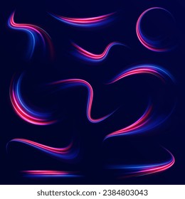 Light trail wave, fire path trace line. Unreal abstract background. Futuristic dynamic motion technology. Light glowing effect. Purple and blue wave swirl, impulse cable lines. Vector illustration.