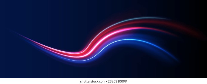Light trail wave, fire path trace line. Unreal abstract background. Futuristic dynamic motion technology. Light glowing effect. Purple and blue wave swirl, impulse cable lines. Vector illustration.