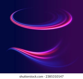 Ola ligera del sendero, línea de seguimiento del camino de incendios. Fondo abstracto irreal. Tecnología de movimiento dinámico futurista. Efecto luminoso. Giro de ondas moradas y azules, líneas de cable de impulso. Ilustración vectorial.