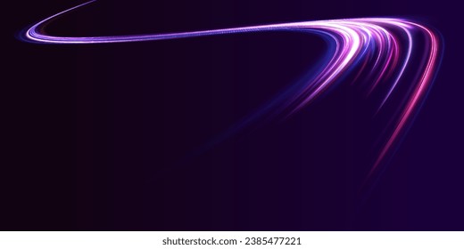 Light trail wave, fire path trace line, car lights, optic fiber and incandescence curve twirl. Vector glitter light fire flare trace. Speed of light in galaxy.	